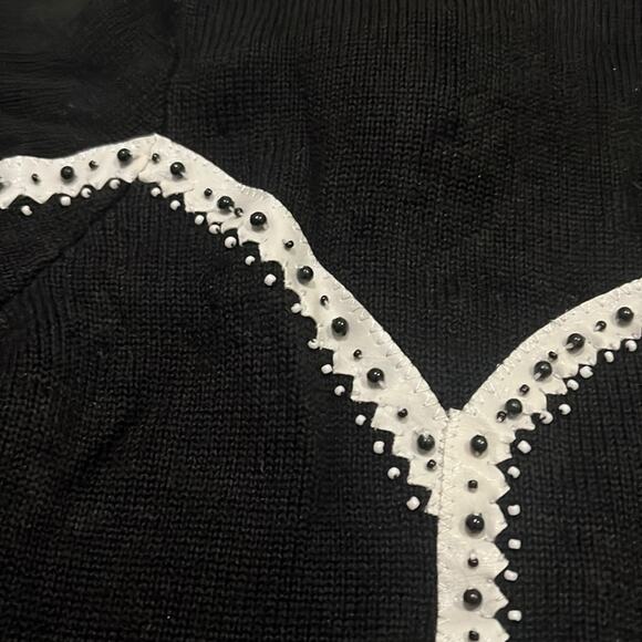 Vintage Knit Cardigan Sweater Black Bead Vegan Leather Trim Satin Medium - Picture 14 of 16